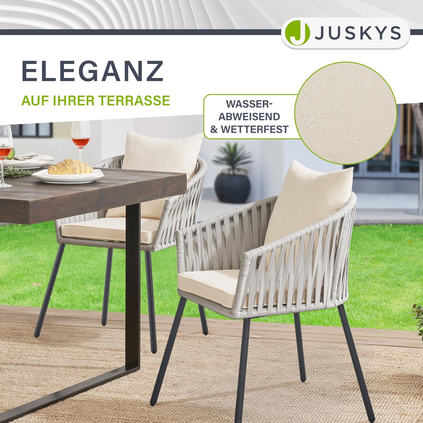 Juskys Rope Gartenstühle, 2er Set, wetterfest, bis 160 kg, Hellgrau.