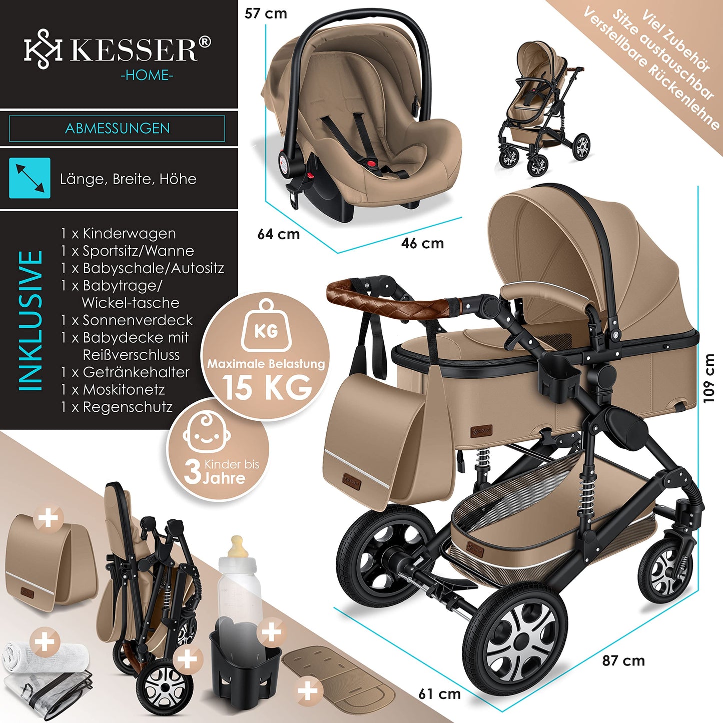 KESSER® Loops 3 in 1 Kinderwagen Kombikinderwagen Komplett-Set